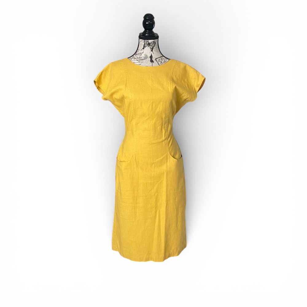 VTG Avon Fashions Dress Womens 7/8 Yellow Linen Blend Retro Rockabilly Pinup